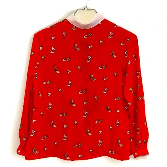Vintage 80s/90s Women's Retro Red Top Blouse Long Sleeve Collar Button Unique - Picture 2 of 9